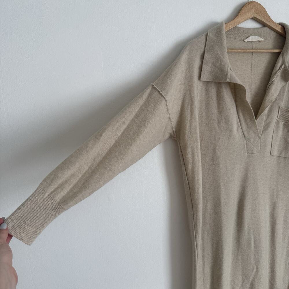 FREE PEOPLE Dana Cashmere Wool Luxe Ivory Beige Slit Polo Midi Sweater Dress S - Picture 4 of 12